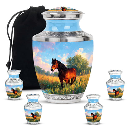 Steel Blue Horse Cremation Urn lifestyle display on memorial shelf - stylized abstract horse pattern with bold lines - memorial set with one large and four small urns