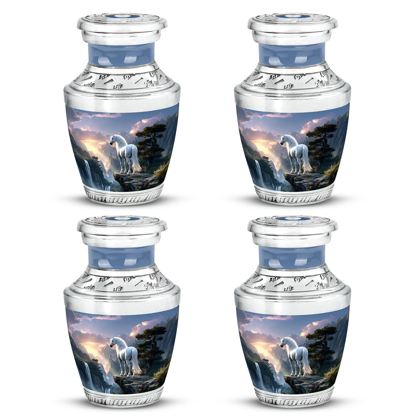 Celestial Blue Horse Cremation Urn back view with polished surface - contemporary horse design with modern artistic flair - 10 inch aluminum urn for cremated remains