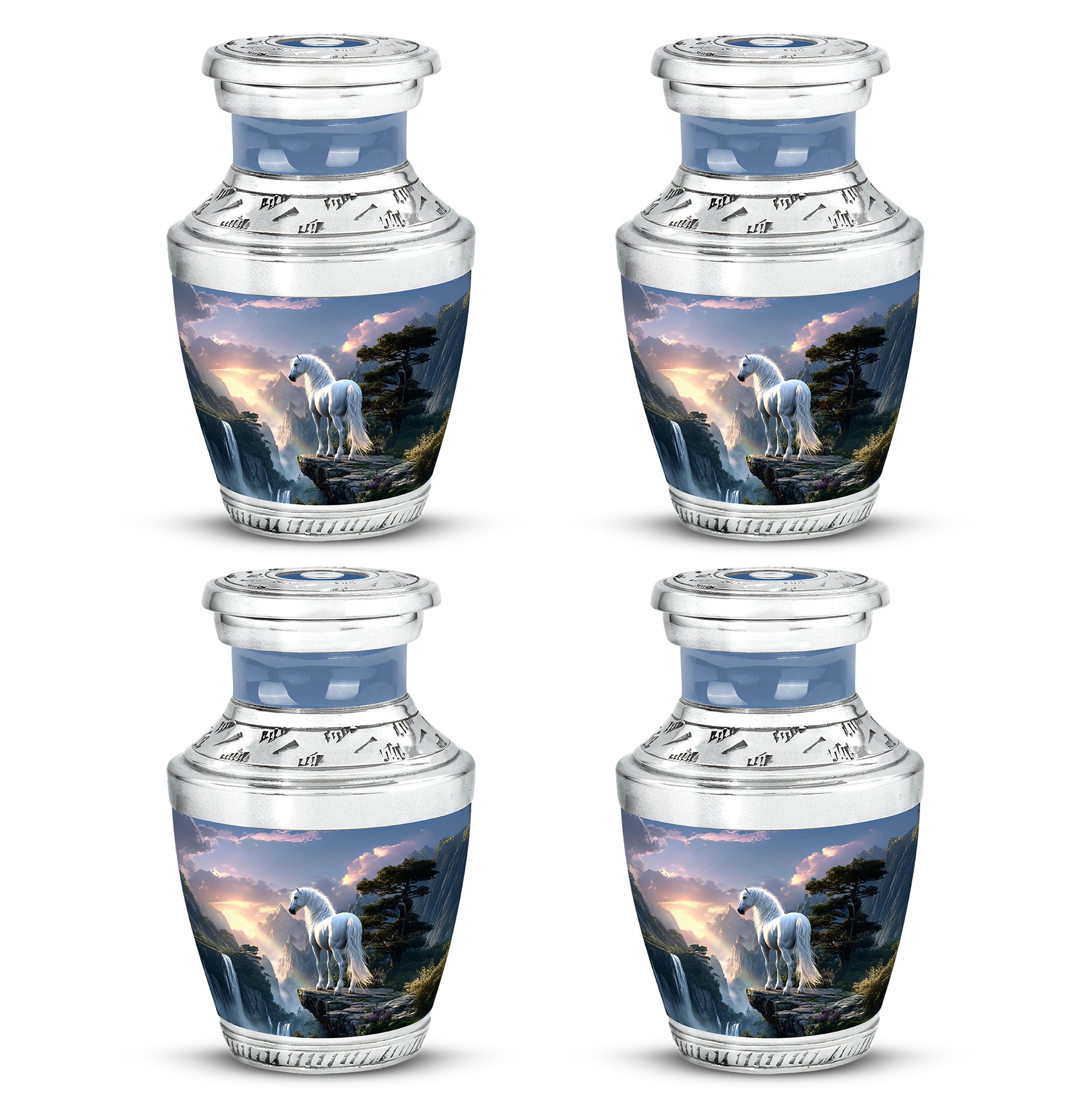 Celestial Blue Horse Cremation Urn back view with polished surface - contemporary horse design with modern artistic flair - 10 inch aluminum urn for cremated remains