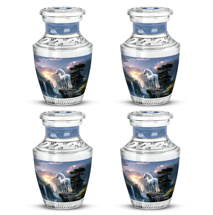 Celestial Blue Horse Cremation Urn back view with polished surface - contemporary horse design with modern artistic flair - 10 inch aluminum urn for cremated remains
