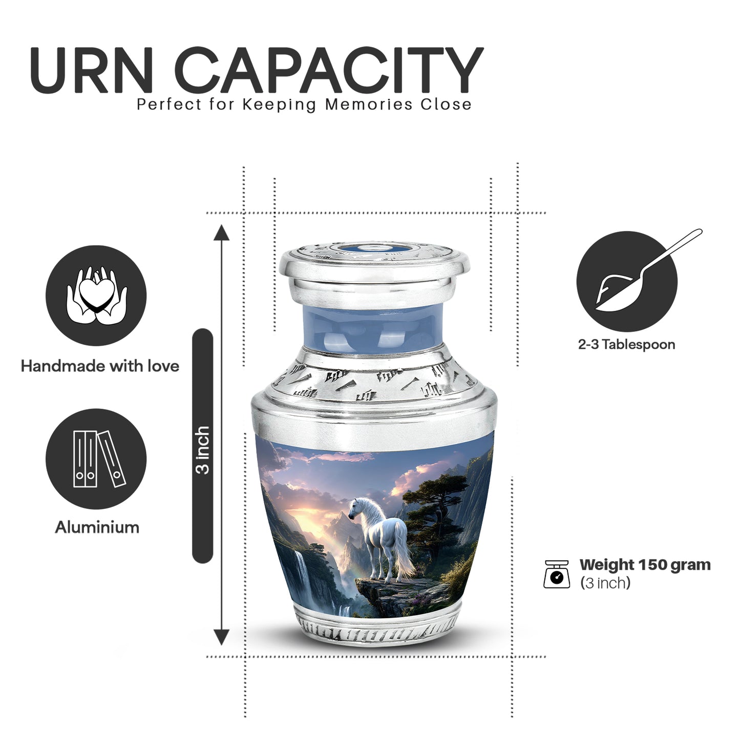 Sapphire Blue Horse Cremation Urn top-down view of secure threaded lid - artistic horse interpretation with creative detail - mini keepsake memorial for portion of cremation ashes