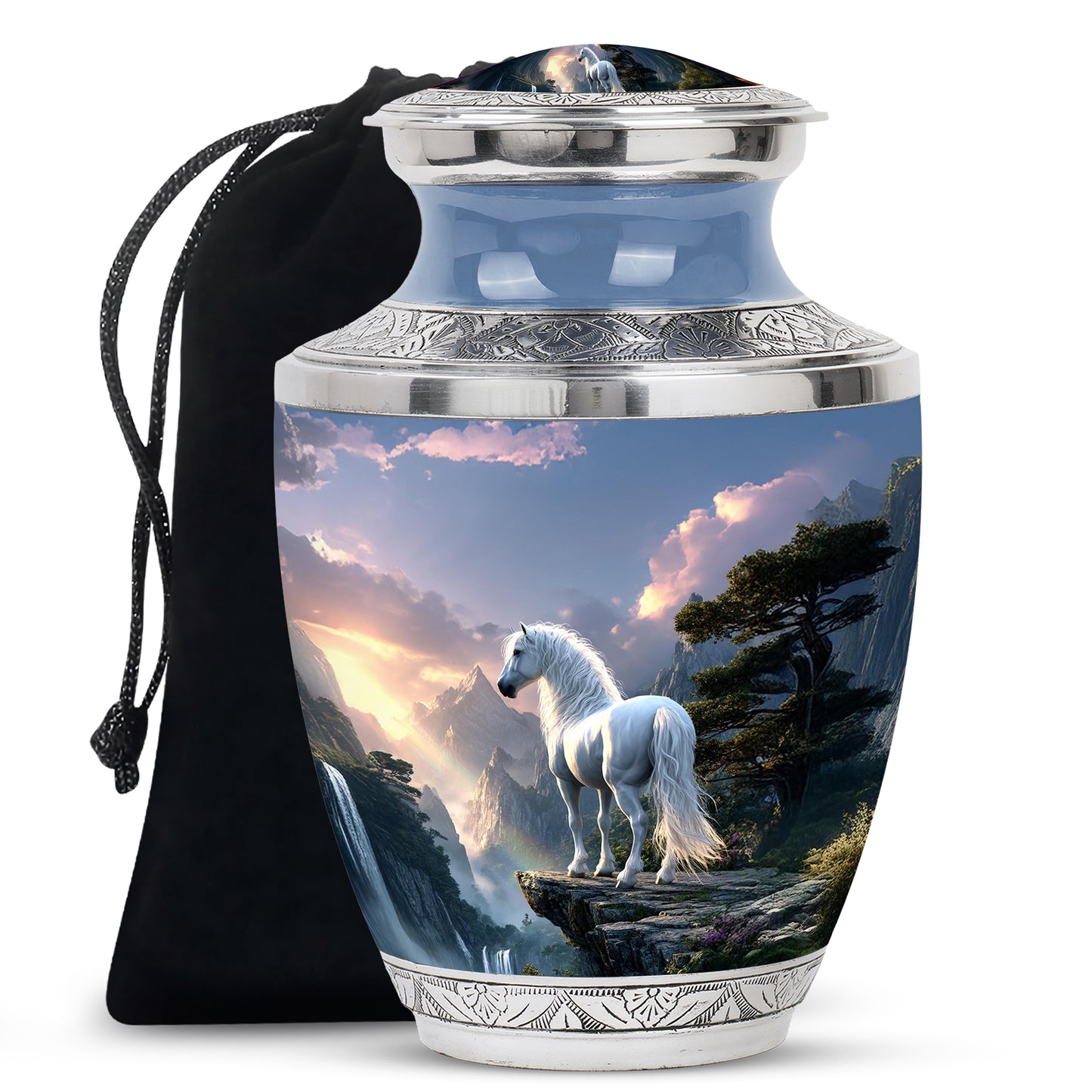 Icy Blue Horse Cremation Urn side profile showing urn shape - contemporary horse design with modern artistic flair - full-size 10 inch 200 cubic inch adult cremation urn