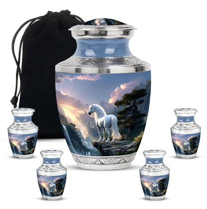 Celestial Blue Horse Cremation Urn lifestyle display on memorial shelf - modern art-inspired horse motif on sleek aluminum - memorial set with one large and four small urns
