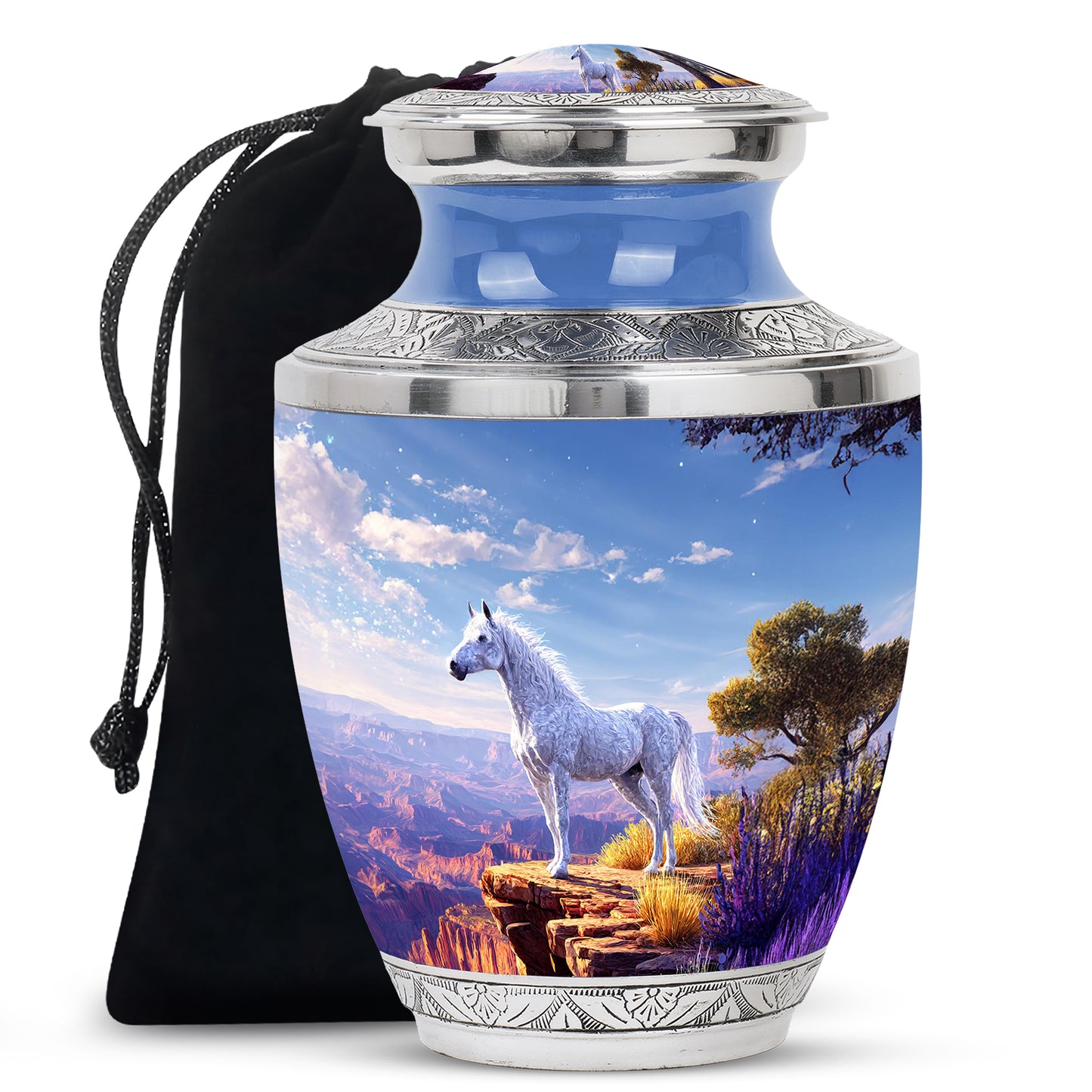 Sapphire Blue Horse Cremation Urn side profile showing urn shape - artistic horse interpretation with creative detail - full-size 10 inch 200 cubic inch adult cremation urn