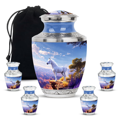 Serene Blue Horse Cremation Urn lifestyle display on memorial shelf - stylized abstract horse pattern with bold lines - memorial set with one large and four small urns
