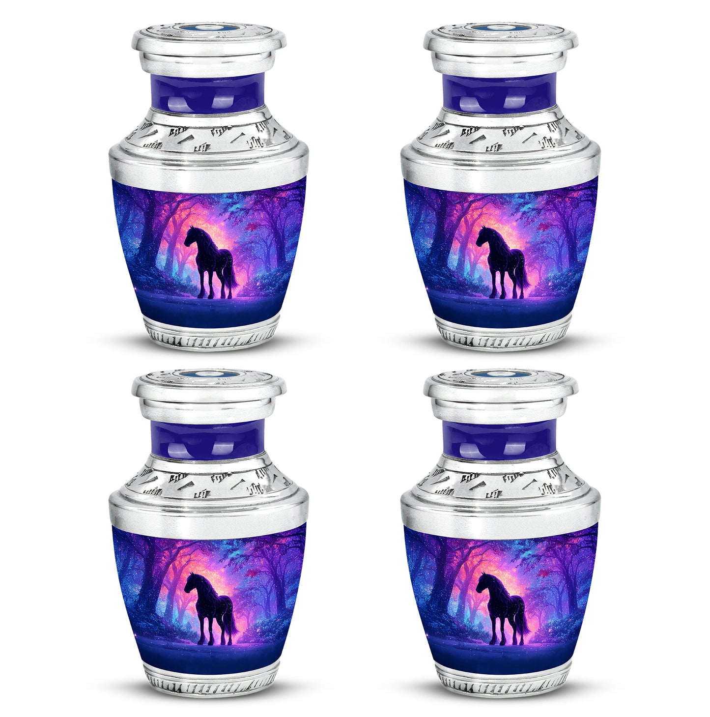 Navy Blue Horse Cremation Urn back view with polished surface - contemporary horse design with modern artistic flair - 10 inch aluminum urn for cremated remains