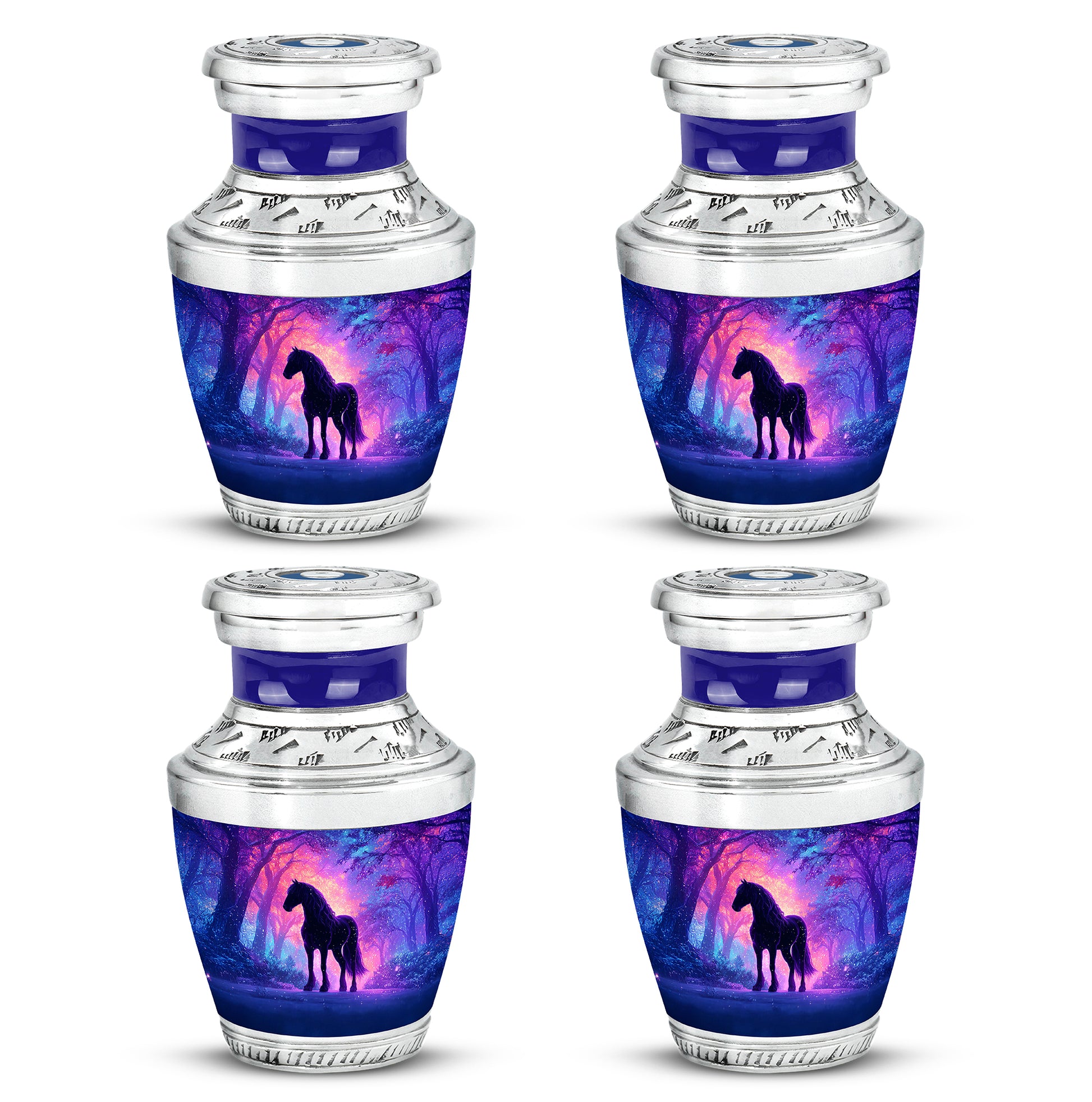 Navy Blue Horse Cremation Urn back view with polished surface - contemporary horse design with modern artistic flair - 10 inch aluminum urn for cremated remains