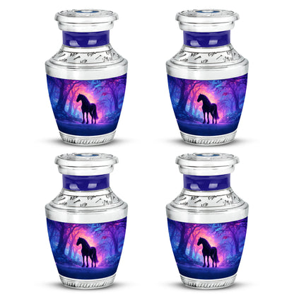 Navy Blue Horse Cremation Urn back view with polished surface - contemporary horse design with modern artistic flair - 10 inch aluminum urn for cremated remains