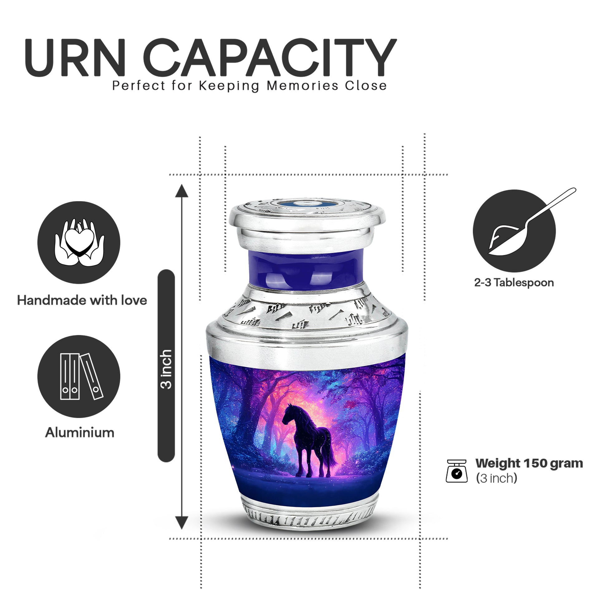 Dusty Blue Horse Cremation Urn top-down view of secure threaded lid - contemporary horse design with modern artistic flair - mini keepsake memorial for portion of cremation ashes