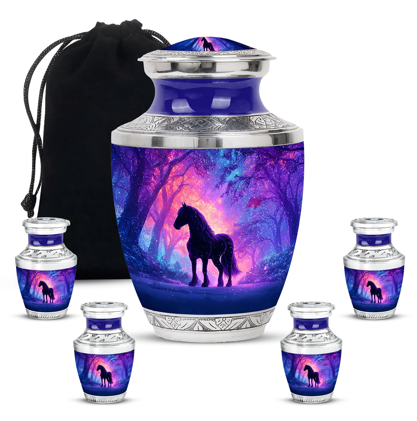 Steel Blue Horse Cremation Urn lifestyle display on memorial shelf - stylized abstract horse pattern with bold lines - memorial set with one large and four small urns