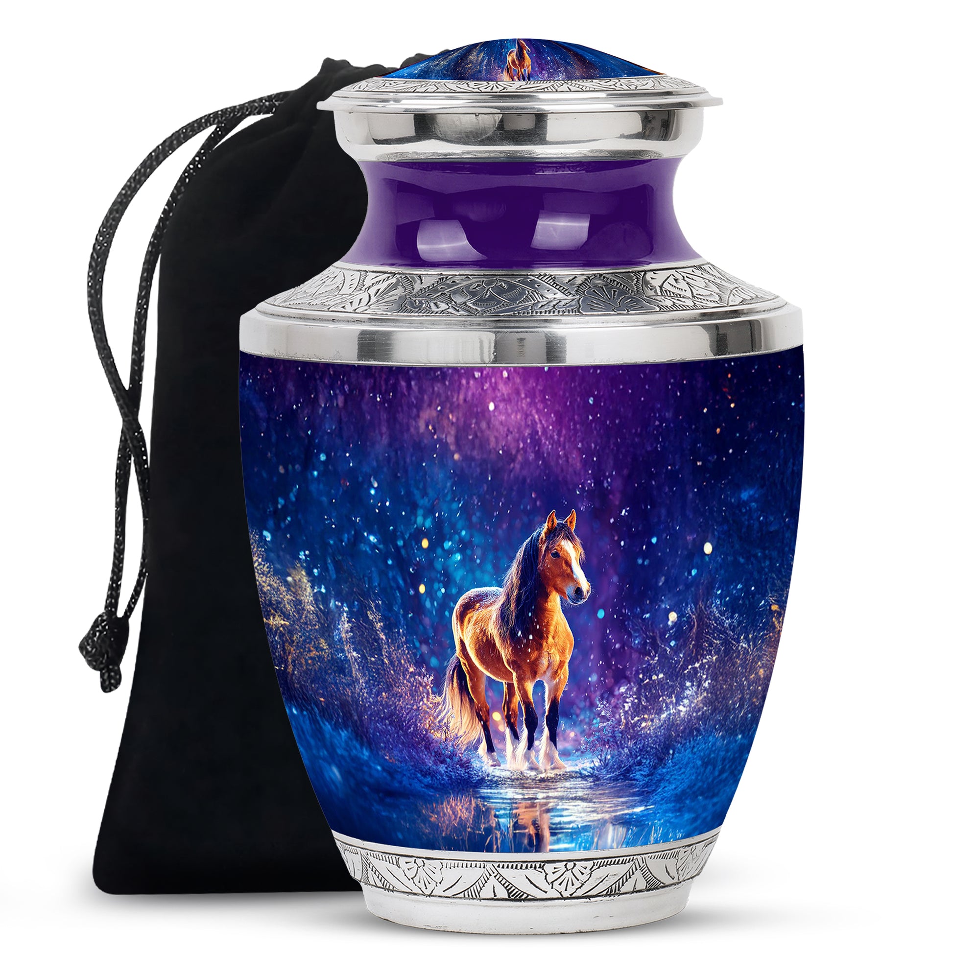 Icy Blue Horse Cremation Urn side profile showing urn shape - modern art-inspired horse motif on sleek aluminum - full-size 10 inch 200 cubic inch adult cremation urn
