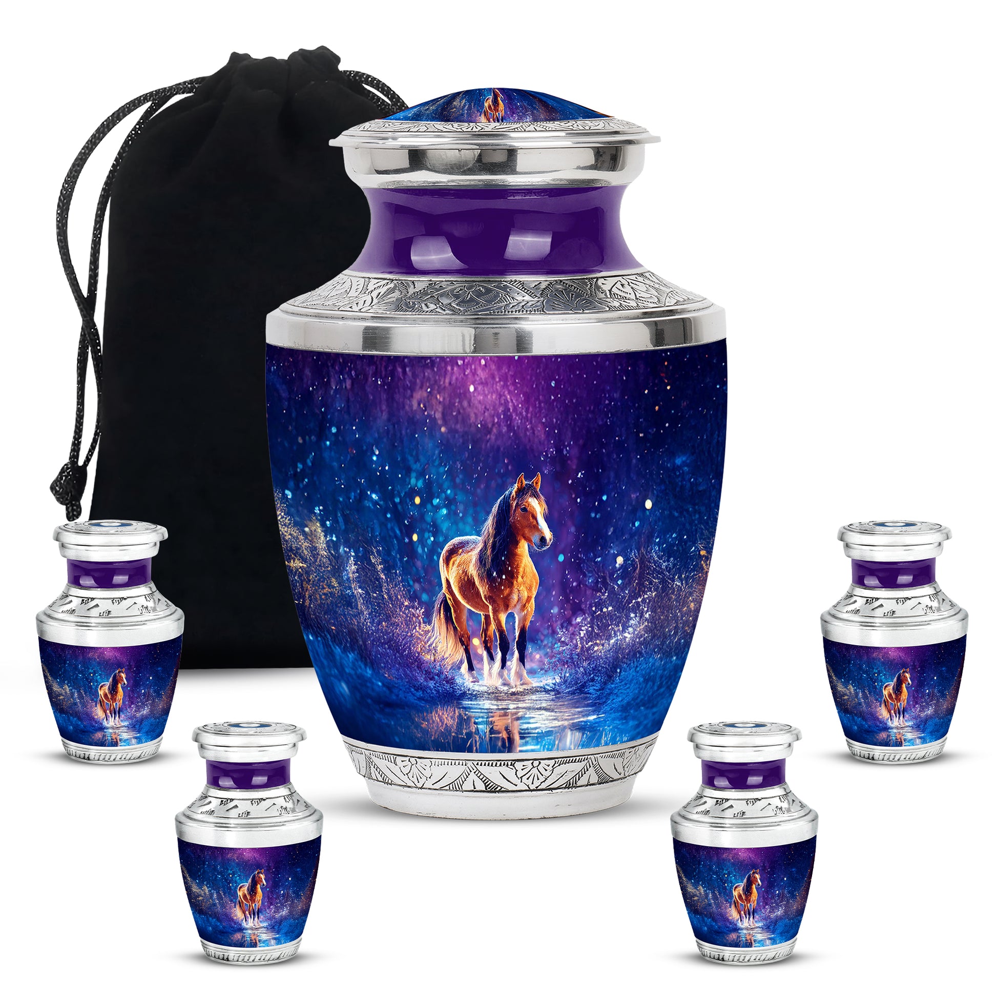 Vivid Blue Horse Cremation Urn lifestyle display on memorial shelf - stylized abstract horse pattern with bold lines - memorial set with one large and four small urns