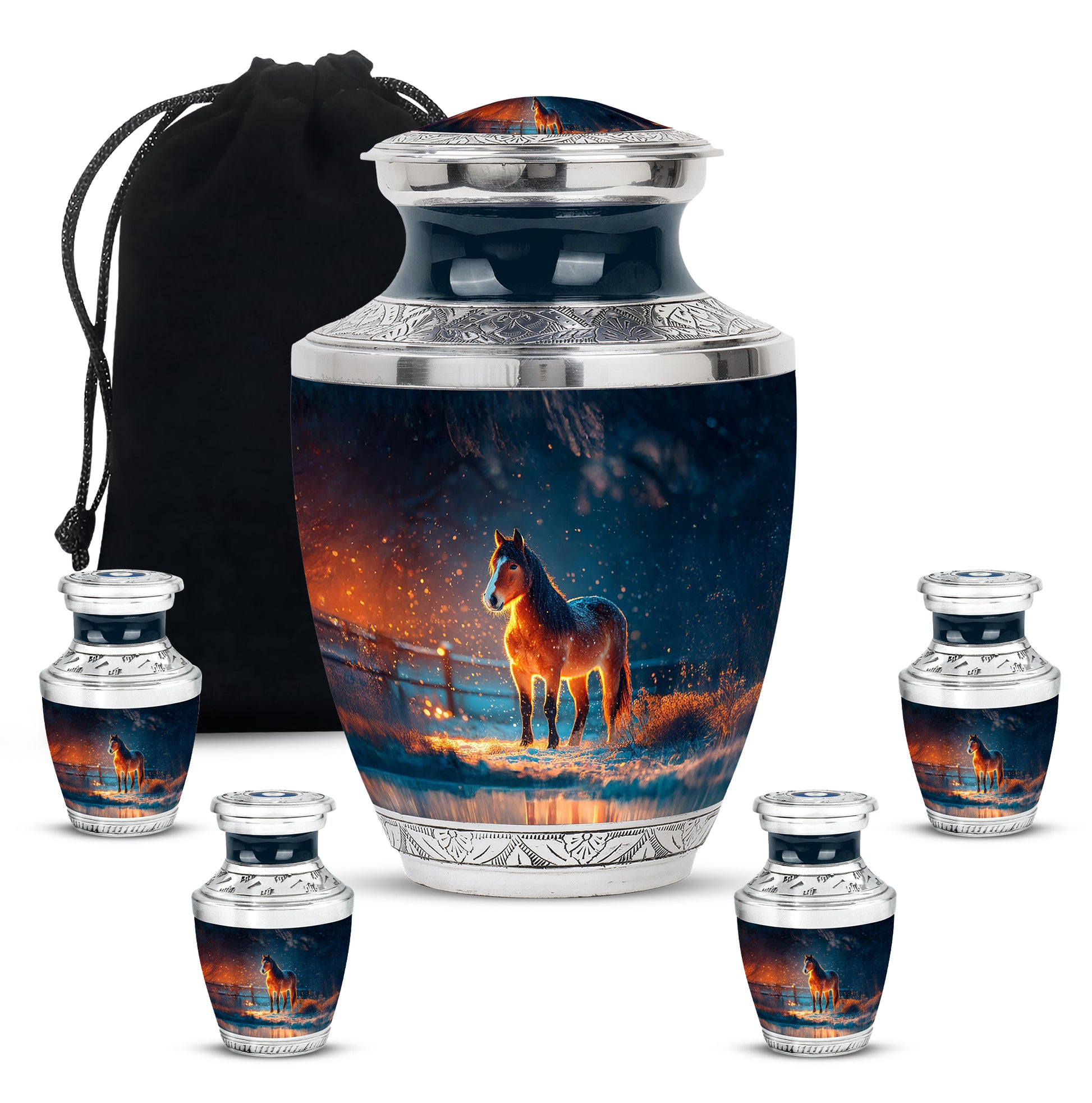 Sapphire Blue Horse Cremation Urn lifestyle display on memorial shelf - artistic horse interpretation with creative detail - memorial set with one large and four small urns