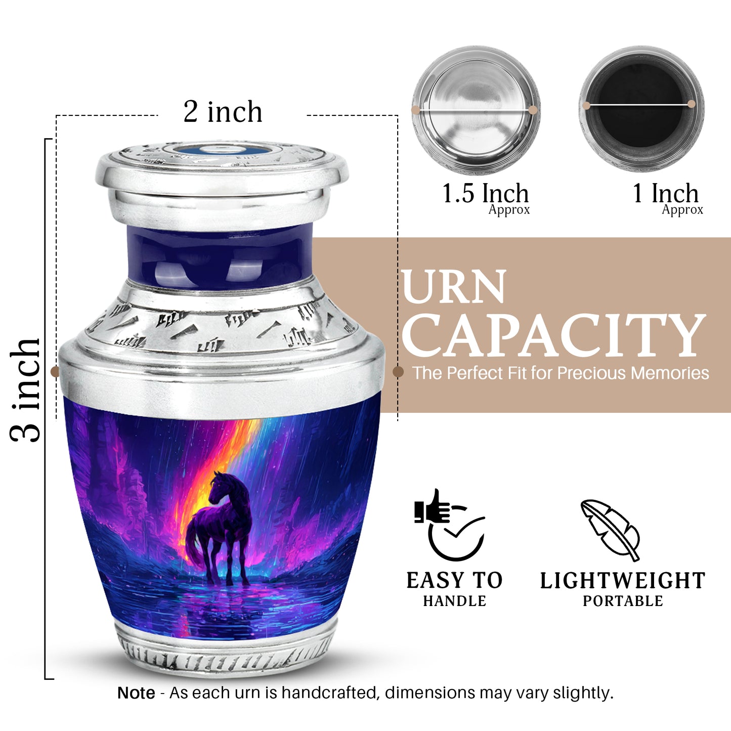 Serene Blue Horse Cremation Urn top-down view of secure threaded lid - artistic horse interpretation with creative detail - mini keepsake memorial for portion of cremation ashes