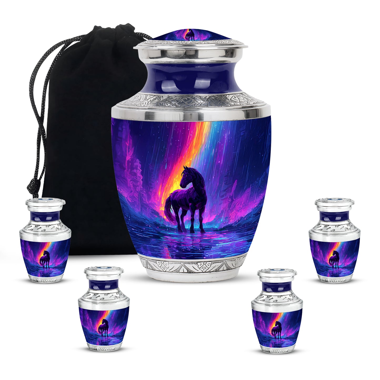 Indigo Horse Cremation Urn lifestyle display on memorial shelf - modern art-inspired horse motif on sleek aluminum - memorial set with one large and four small urns