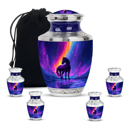 Indigo Horse Cremation Urn lifestyle display on memorial shelf - modern art-inspired horse motif on sleek aluminum - memorial set with one large and four small urns