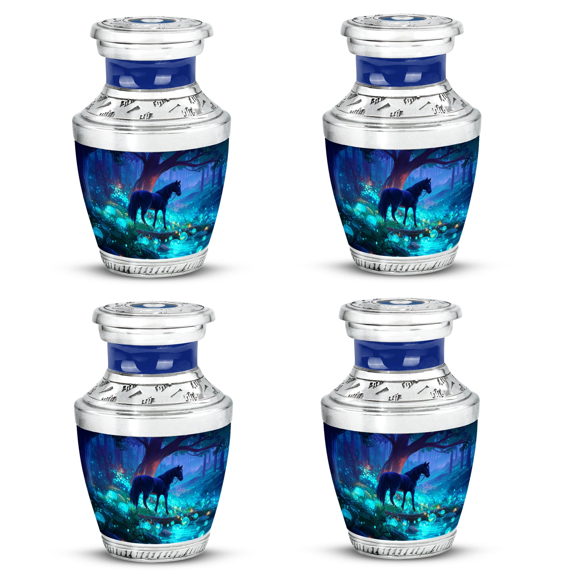 Azure Horse Cremation Urn back view with polished surface - contemporary horse design with modern artistic flair - 10 inch aluminum urn for cremated remains