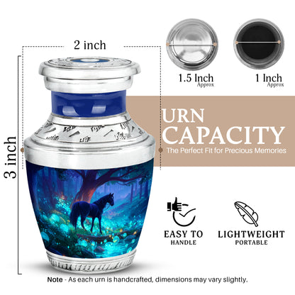 Royal Blue Horse Cremation Urn top-down view of secure threaded lid - artistic horse interpretation with creative detail - mini keepsake memorial for portion of cremation ashes