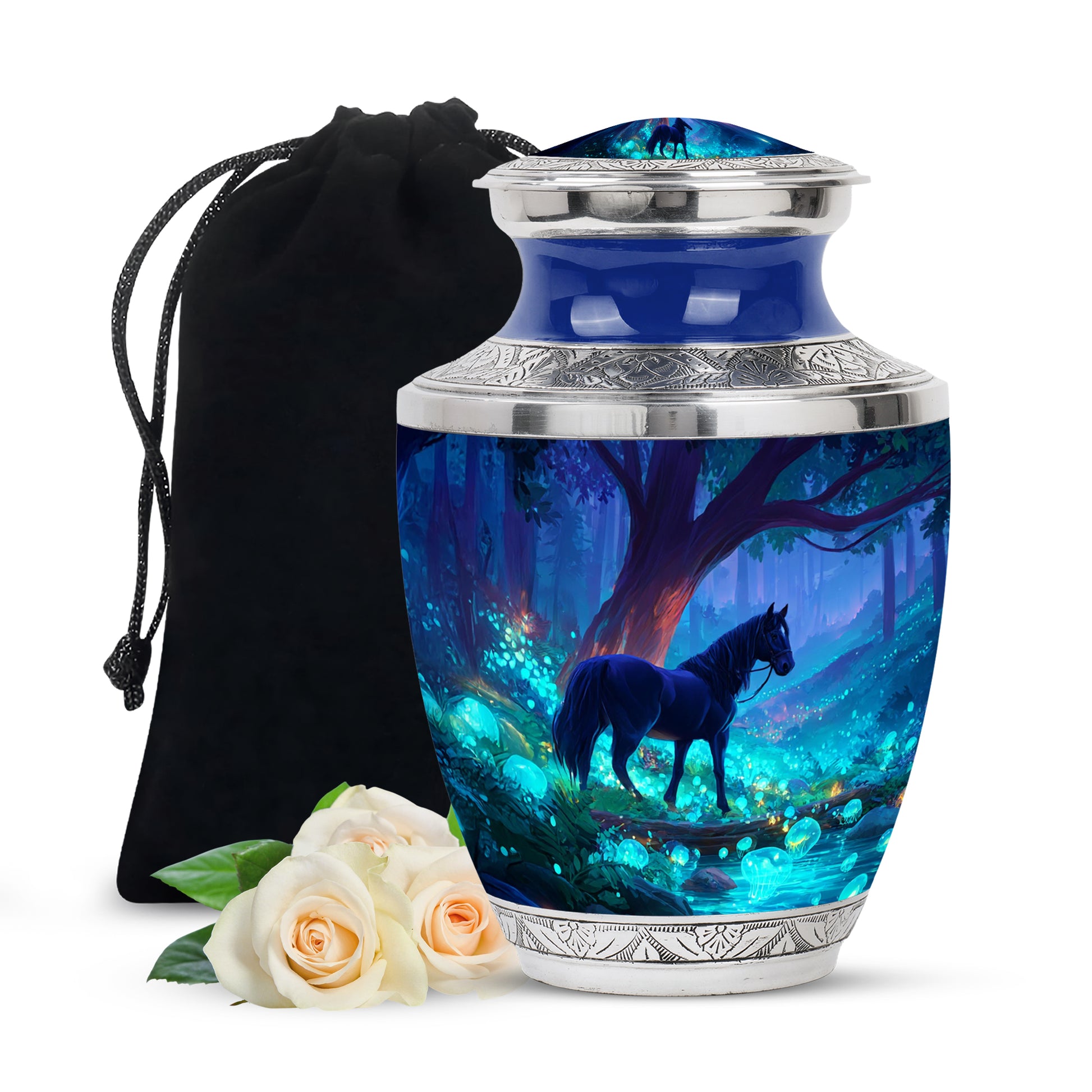 Indigo Horse Cremation Urn side profile showing urn shape - contemporary horse design with modern artistic flair - full-size 10 inch 200 cubic inch adult cremation urn