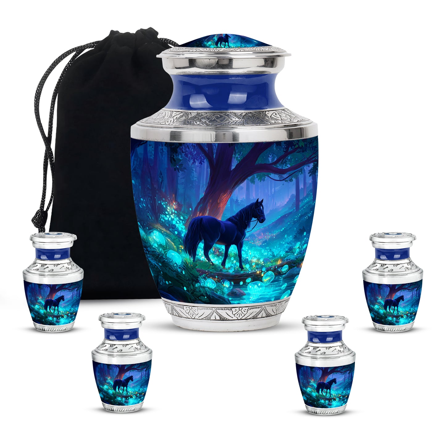 Sky Blue Horse Cremation Urn lifestyle display on memorial shelf - contemporary horse design with modern artistic flair - memorial set with one large and four small urns