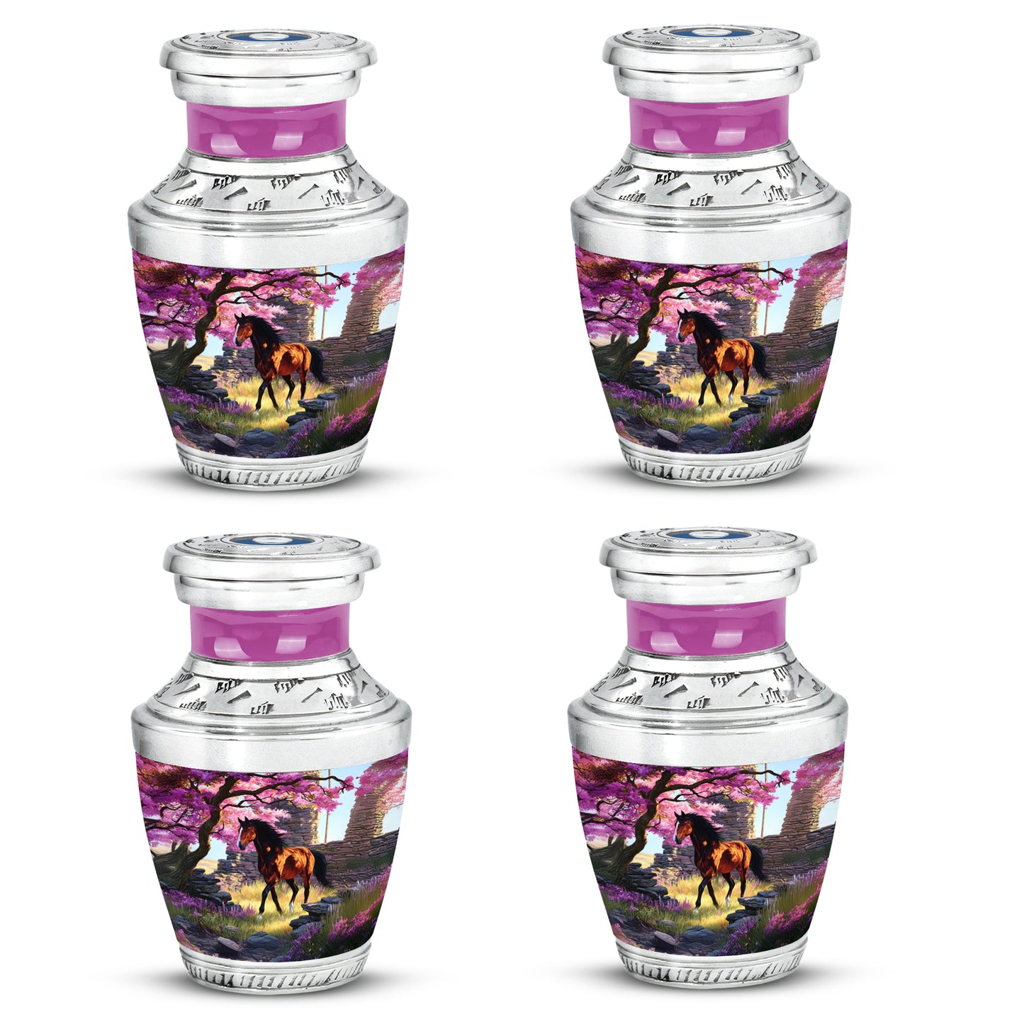Vintage Pink Horse Cremation Urn back view with polished surface - artistic horse interpretation with creative detail - 10 inch aluminum urn for cremated remains