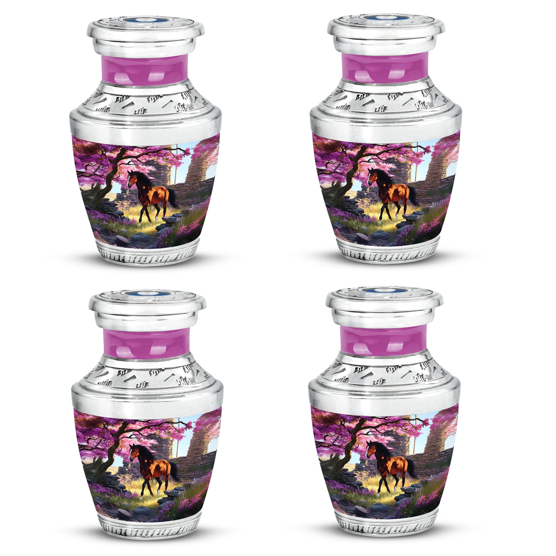 Vintage Pink Horse Cremation Urn back view with polished surface - artistic horse interpretation with creative detail - 10 inch aluminum urn for cremated remains