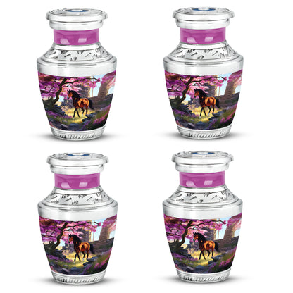 Vintage Pink Horse Cremation Urn back view with polished surface - artistic horse interpretation with creative detail - 10 inch aluminum urn for cremated remains