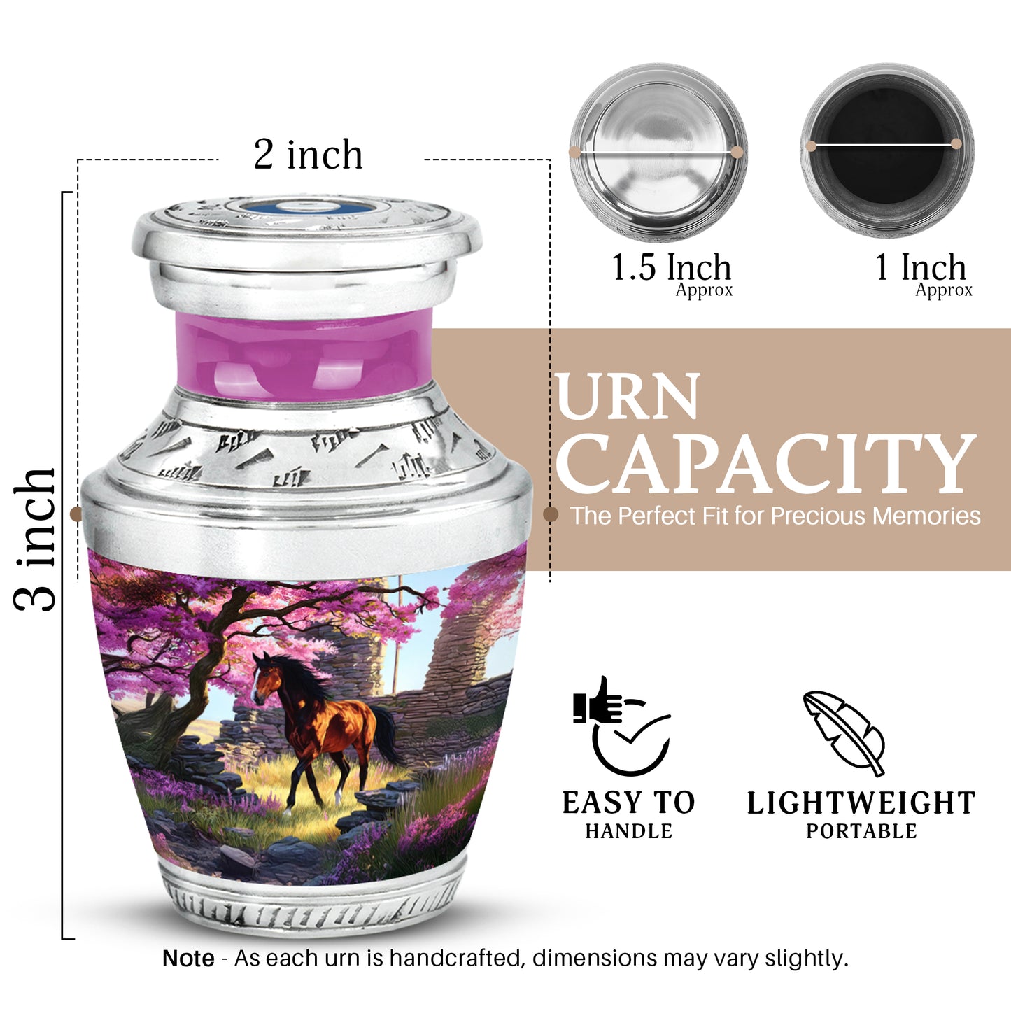 Salmon Pink Horse Cremation Urn top-down view of secure threaded lid - stylized abstract horse pattern with bold lines - mini keepsake memorial for portion of cremation ashes