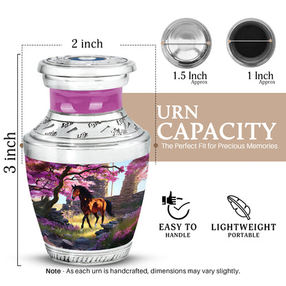 Salmon Pink Horse Cremation Urn top-down view of secure threaded lid - stylized abstract horse pattern with bold lines - mini keepsake memorial for portion of cremation ashes