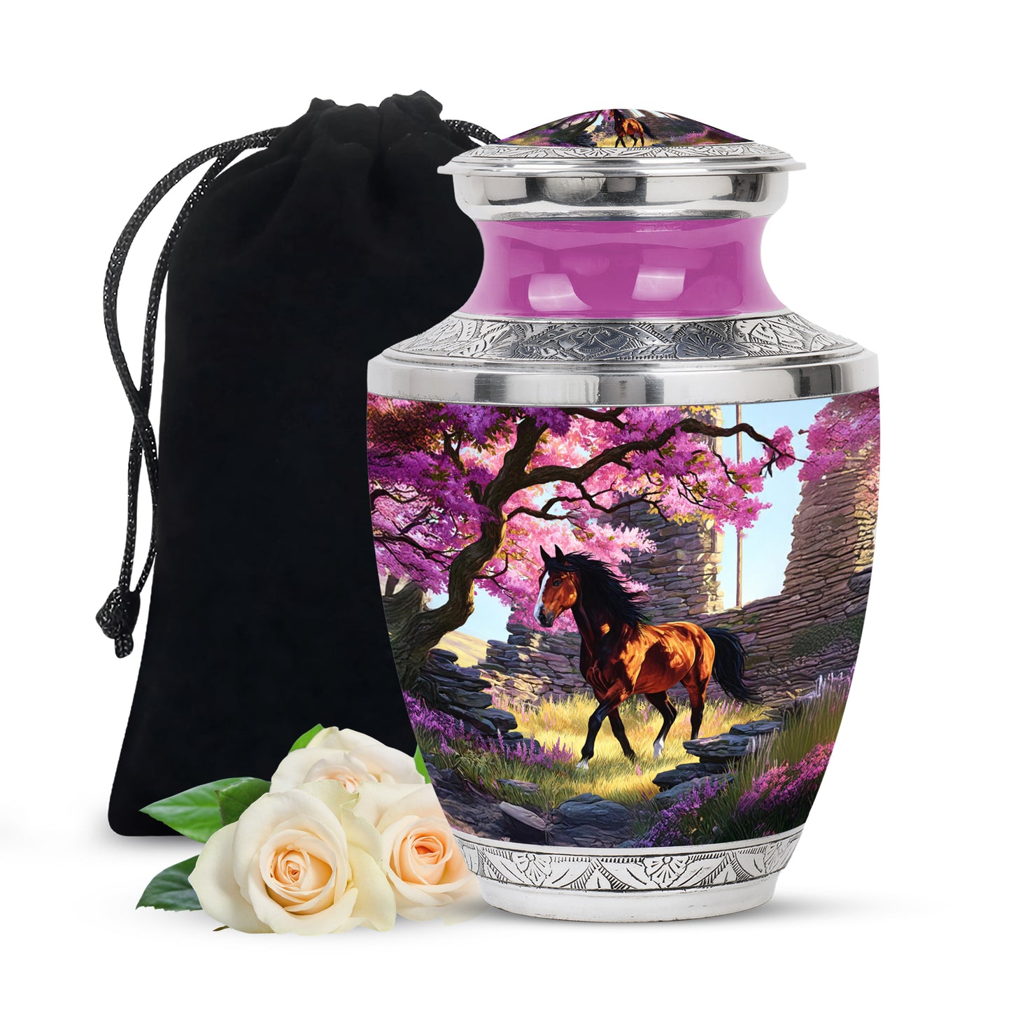 Vintage Pink Horse Cremation Urn side profile showing urn shape - artistic horse interpretation with creative detail - full-size 10 inch 200 cubic inch adult cremation urn