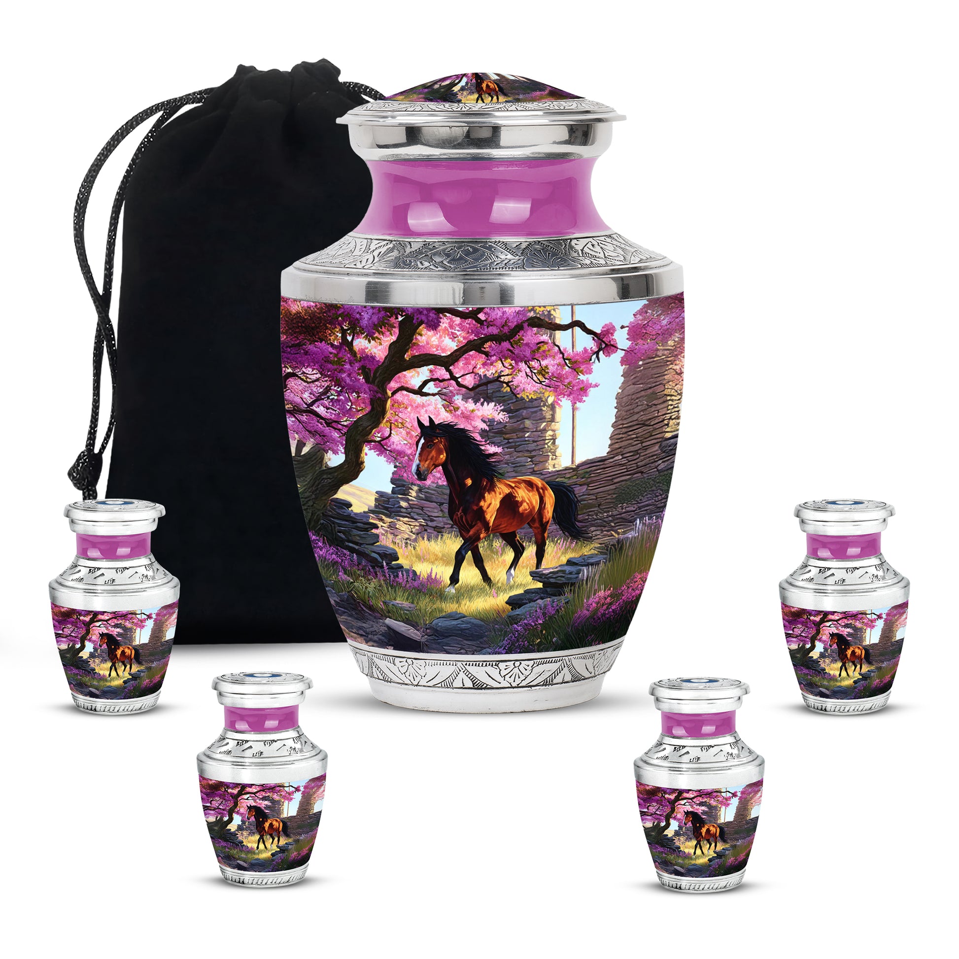 Vintage Pink Horse Cremation Urn lifestyle display on memorial shelf - stylized abstract horse pattern with bold lines - memorial set with one large and four small urns