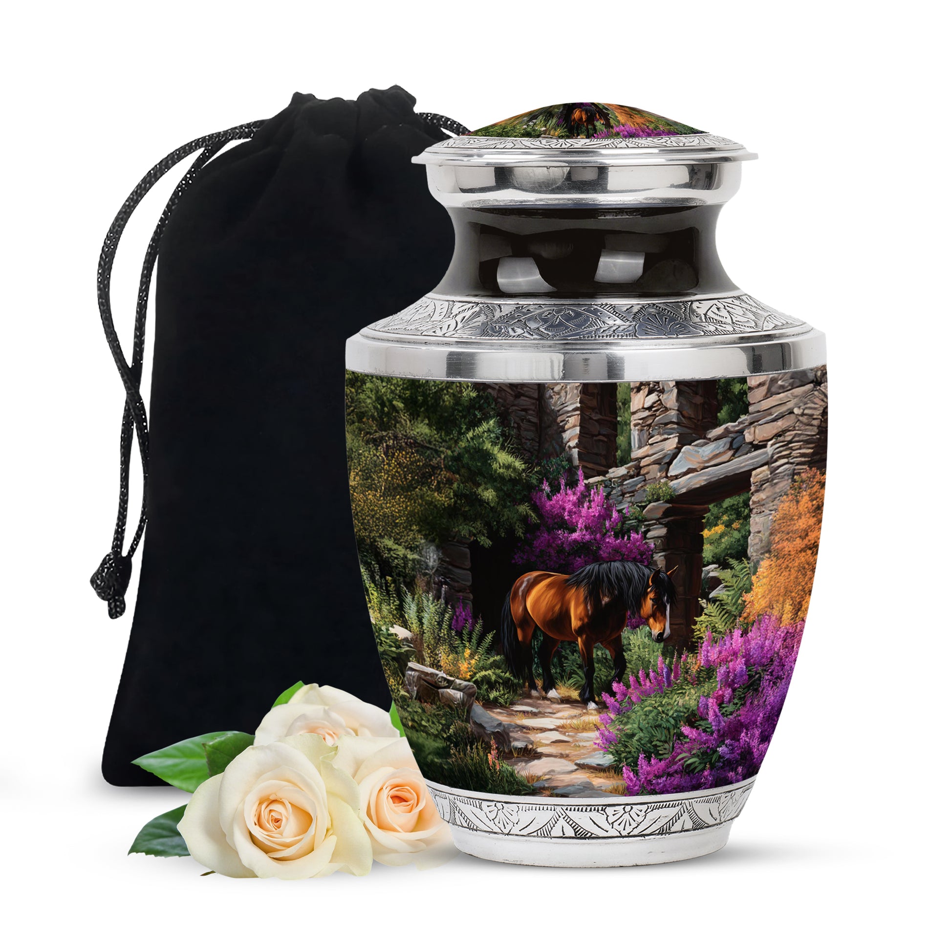 Dark Black Horse Cremation Urn side profile showing urn shape - stylized abstract horse pattern with bold lines - full-size 10 inch 200 cubic inch adult cremation urn