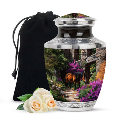 Dark Black Horse Cremation Urn side profile showing urn shape - stylized abstract horse pattern with bold lines - full-size 10 inch 200 cubic inch adult cremation urn