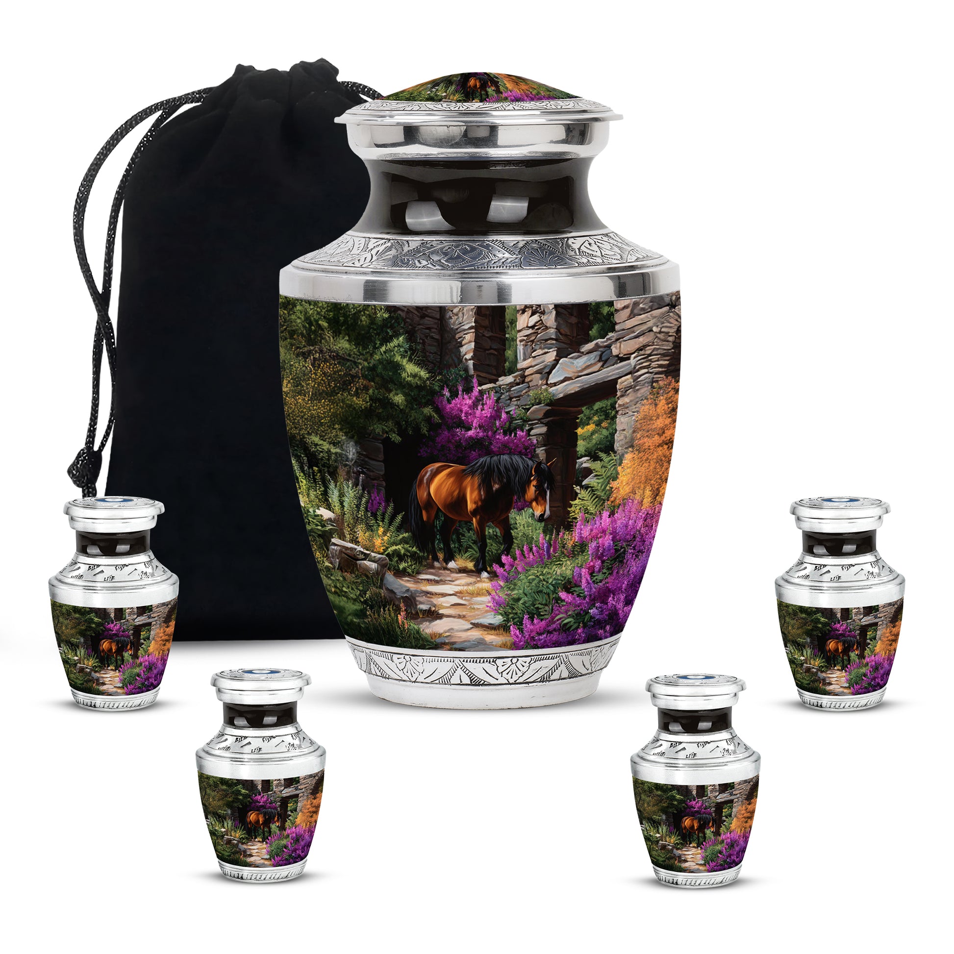 Midnight Black Horse Cremation Urn lifestyle display on memorial shelf - artistic horse interpretation with creative detail - memorial set with one large and four small urns