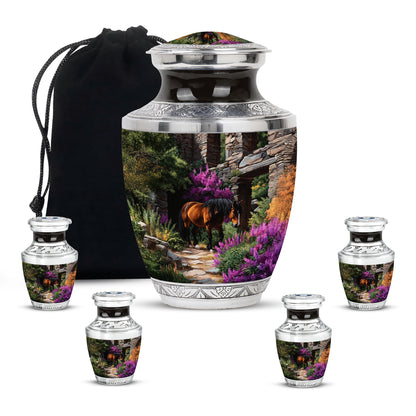 Midnight Black Horse Cremation Urn lifestyle display on memorial shelf - artistic horse interpretation with creative detail - memorial set with one large and four small urns
