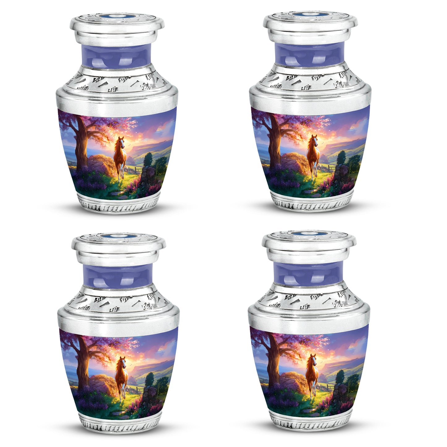 Slate Blue Horse Cremation Urn back view with polished surface - modern art-inspired horse motif on sleek aluminum - 10 inch aluminum urn for cremated remains
