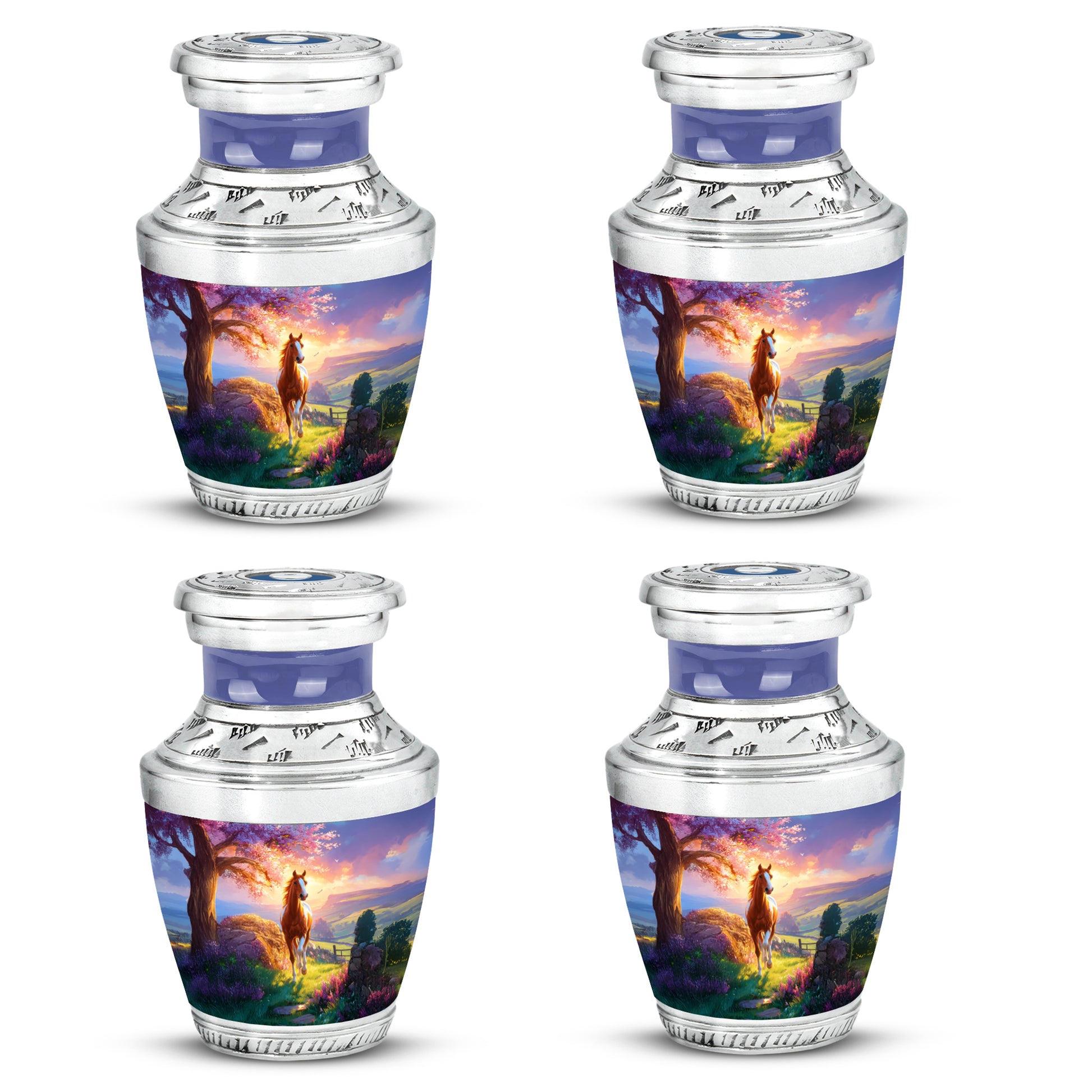 Slate Blue Horse Cremation Urn back view with polished surface - modern art-inspired horse motif on sleek aluminum - 10 inch aluminum urn for cremated remains