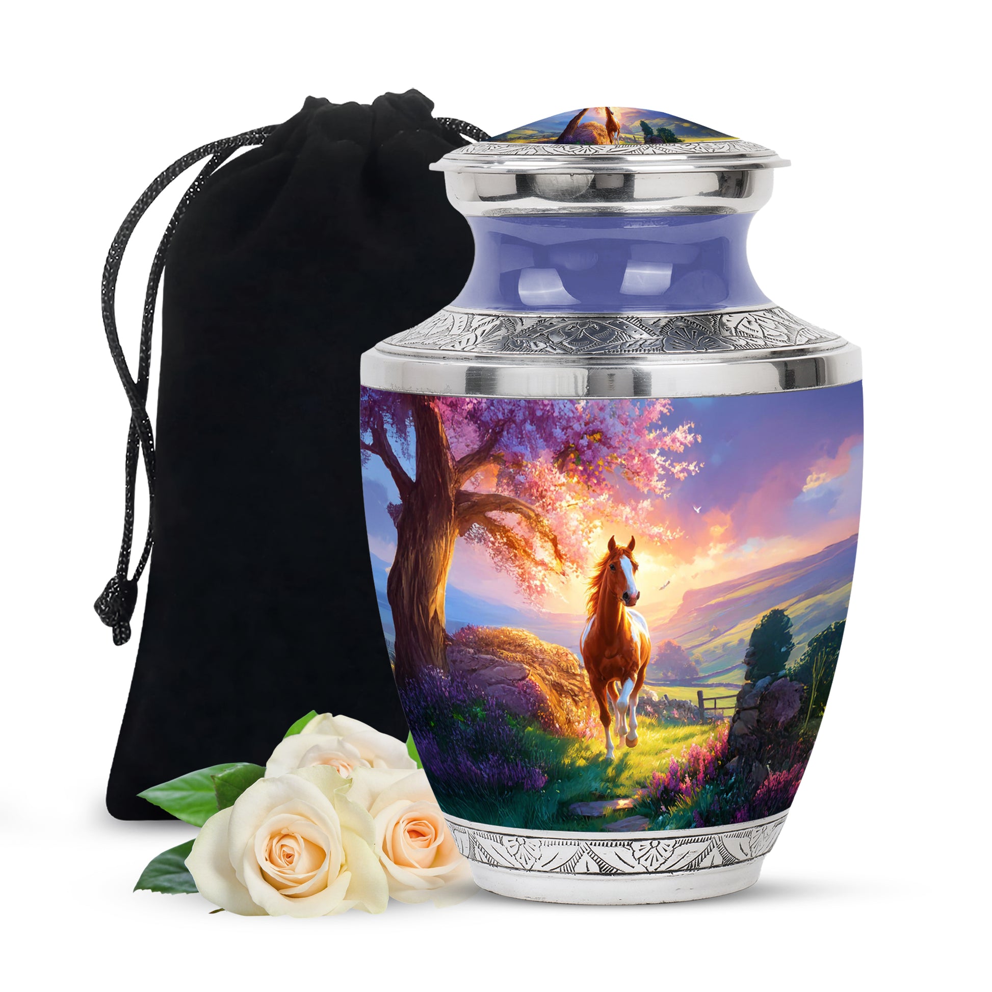 Indigo Horse Cremation Urn side profile showing urn shape - contemporary horse design with modern artistic flair - full-size 10 inch 200 cubic inch adult cremation urn