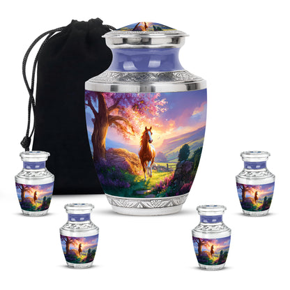 Indigo Horse Cremation Urn lifestyle display on memorial shelf - contemporary horse design with modern artistic flair - memorial set with one large and four small urns