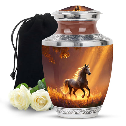 Wine Red Horse Cremation Urn side profile showing urn shape - modern art-inspired horse motif on sleek aluminum - full-size 10 inch 200 cubic inch adult cremation urn
