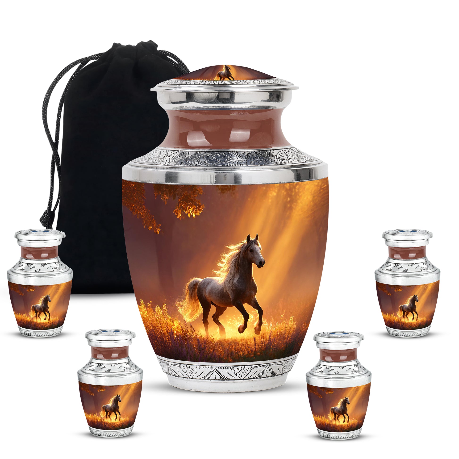 Wine Red Horse Cremation Urn lifestyle display on memorial shelf - modern art-inspired horse motif on sleek aluminum - memorial set with one large and four small urns