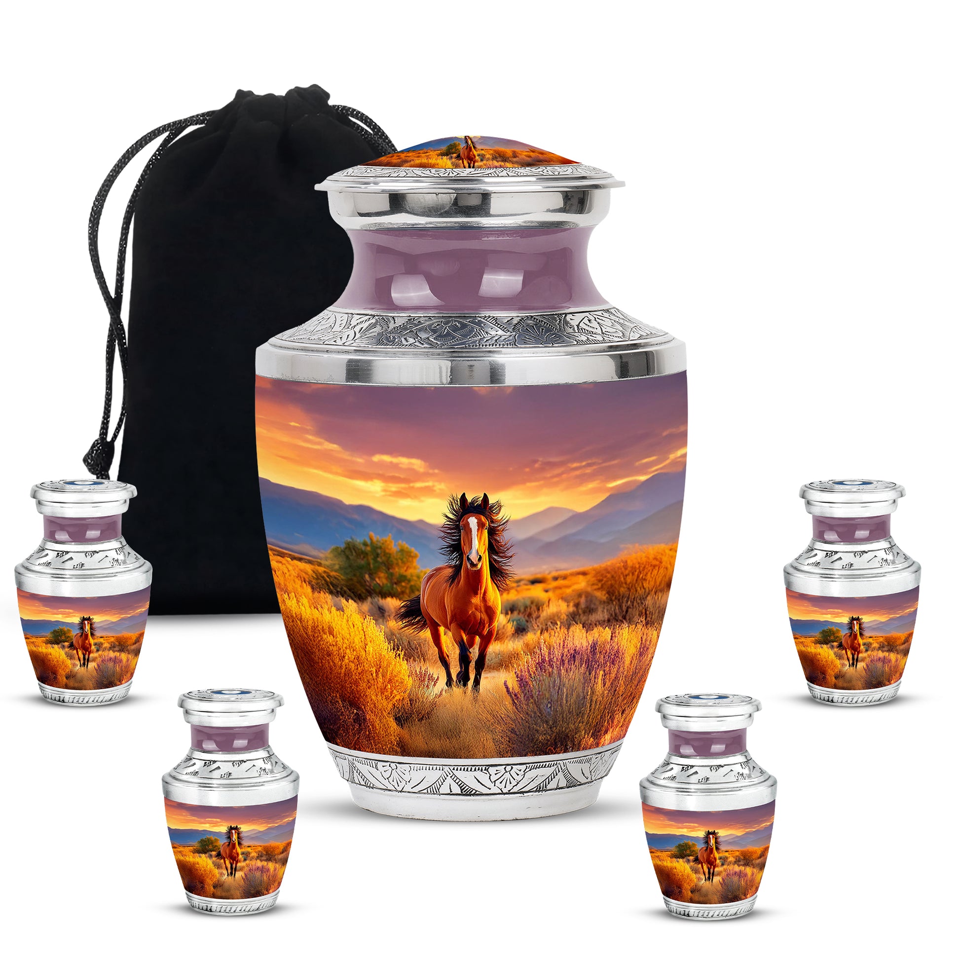 Ruby Red Horse Cremation Urn lifestyle display on memorial shelf - artistic horse interpretation with creative detail - memorial set with one large and four small urns