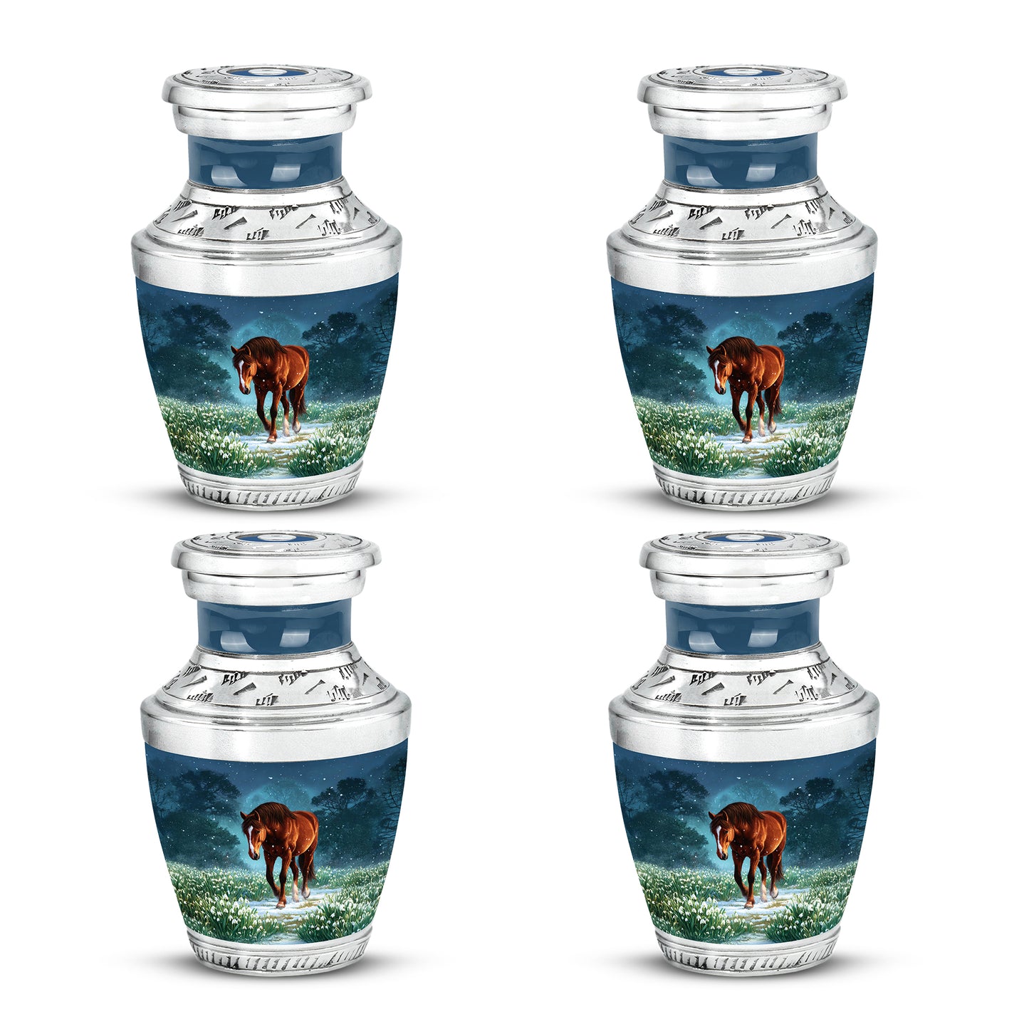 Icy Blue Horse Cremation Urn back view with polished surface - contemporary horse design with modern artistic flair - 10 inch aluminum urn for cremated remains