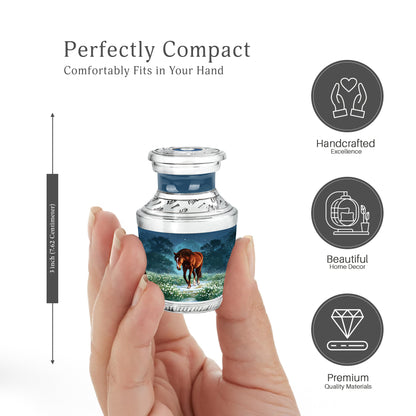 Serene Blue Horse Cremation Urn top-down view of secure threaded lid - artistic horse interpretation with creative detail - mini keepsake memorial for portion of cremation ashes
