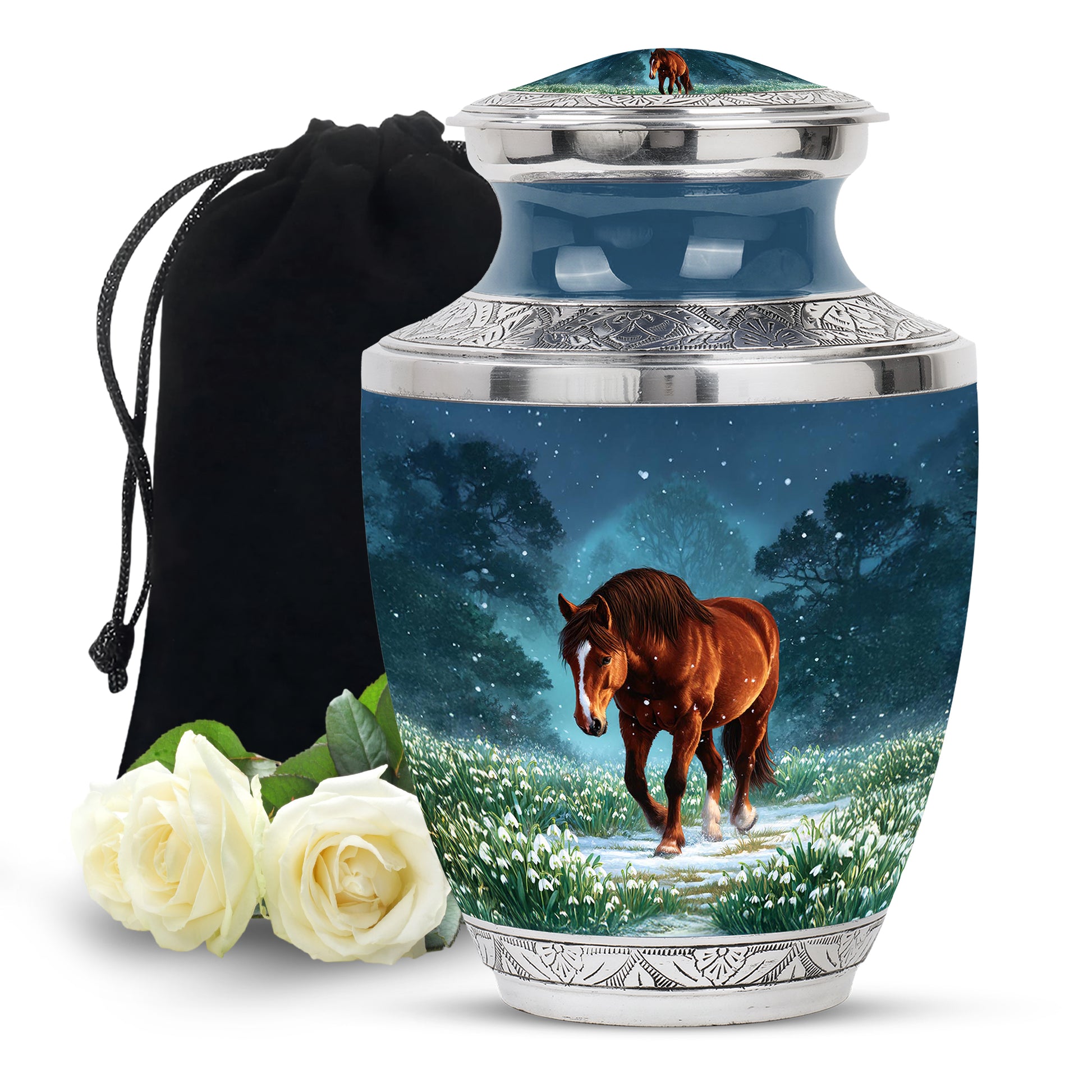 Azure Horse Cremation Urn side profile showing urn shape - modern art-inspired horse motif on sleek aluminum - full-size 10 inch 200 cubic inch adult cremation urn