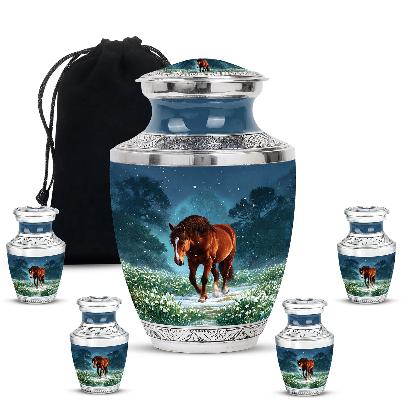 Indigo Horse Cremation Urn lifestyle display on memorial shelf - contemporary horse design with modern artistic flair - memorial set with one large and four small urns