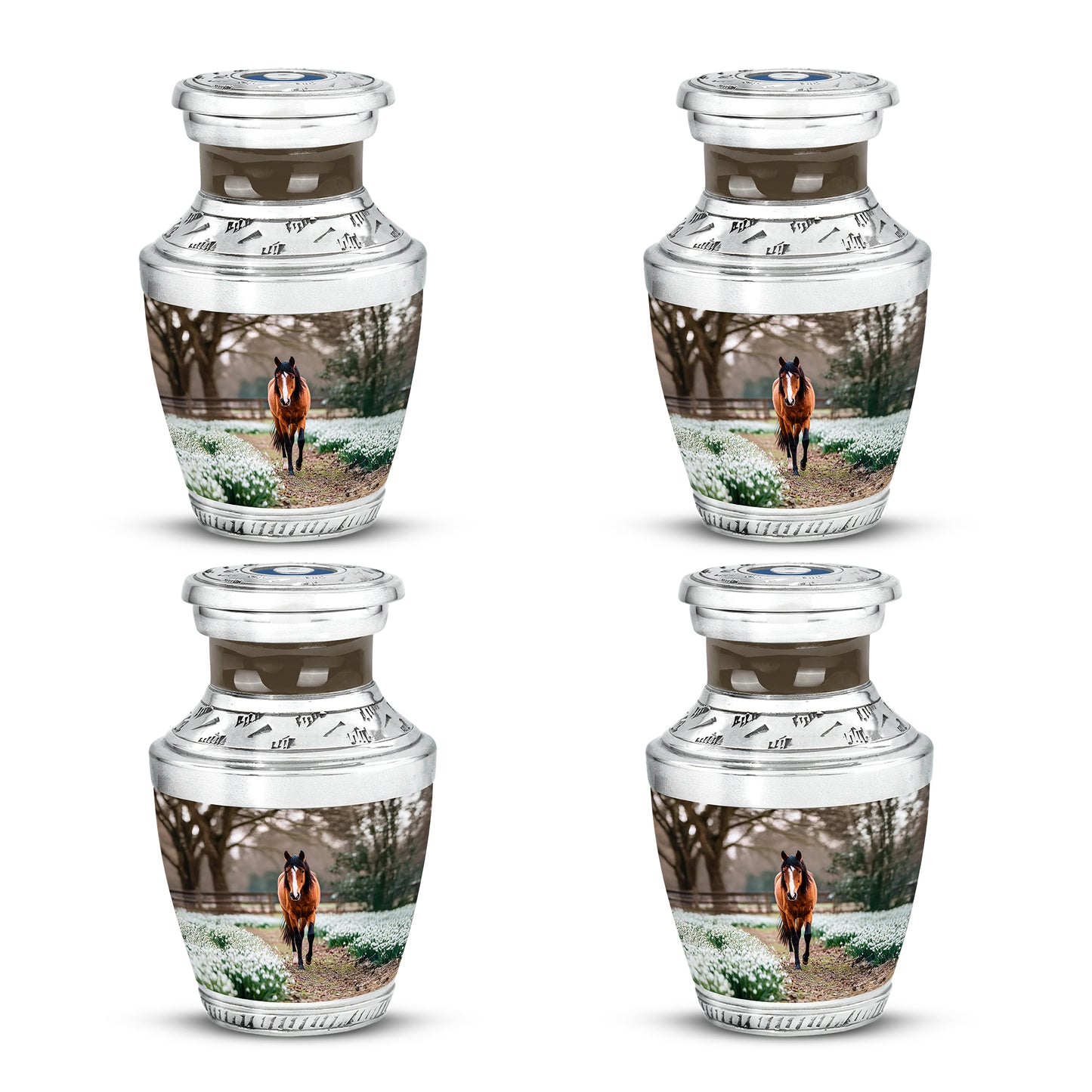 Burnished Gold Horse Cremation Urn back view with polished surface - stylized abstract horse pattern with bold lines - 10 inch aluminum urn for cremated remains