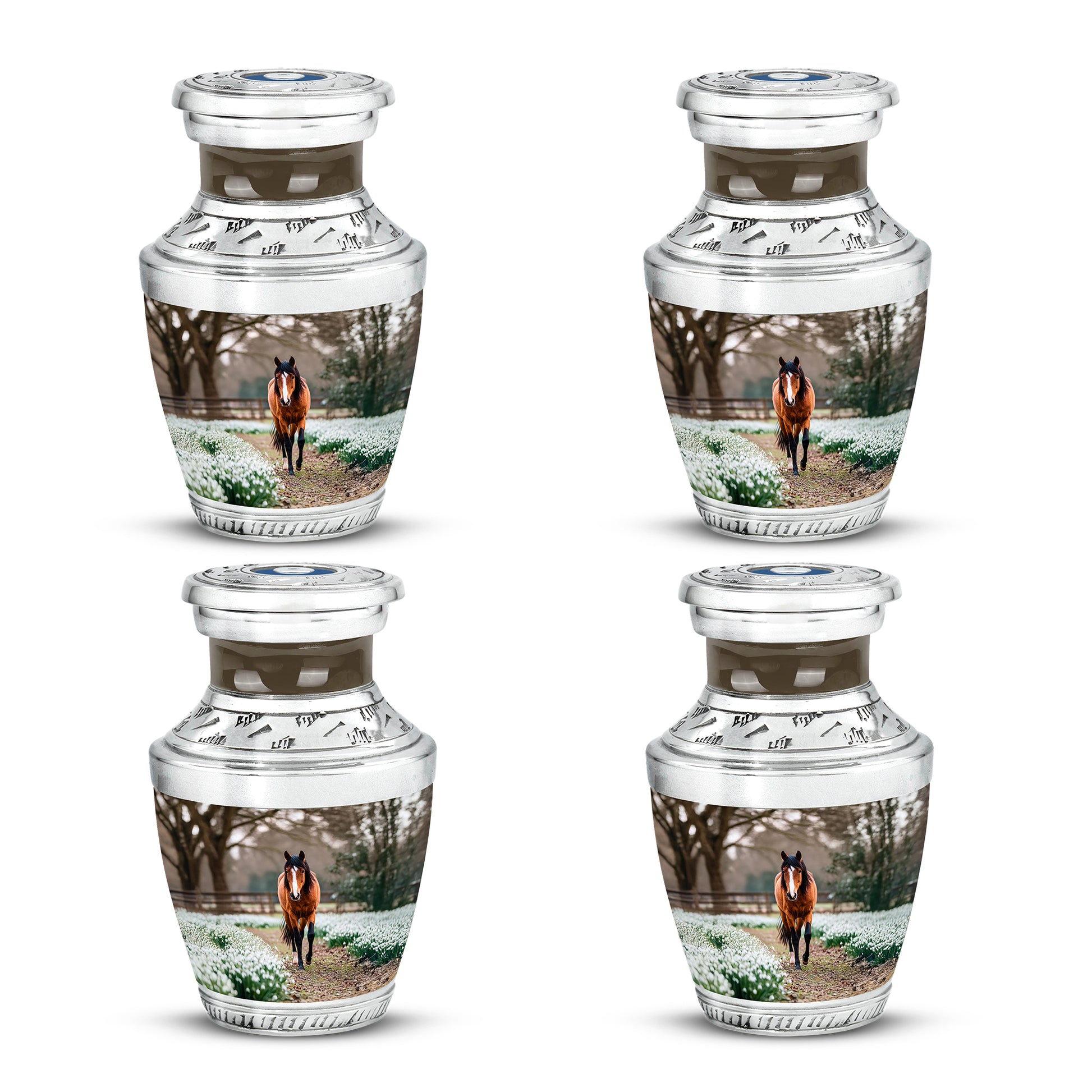 Burnished Gold Horse Cremation Urn back view with polished surface - stylized abstract horse pattern with bold lines - 10 inch aluminum urn for cremated remains