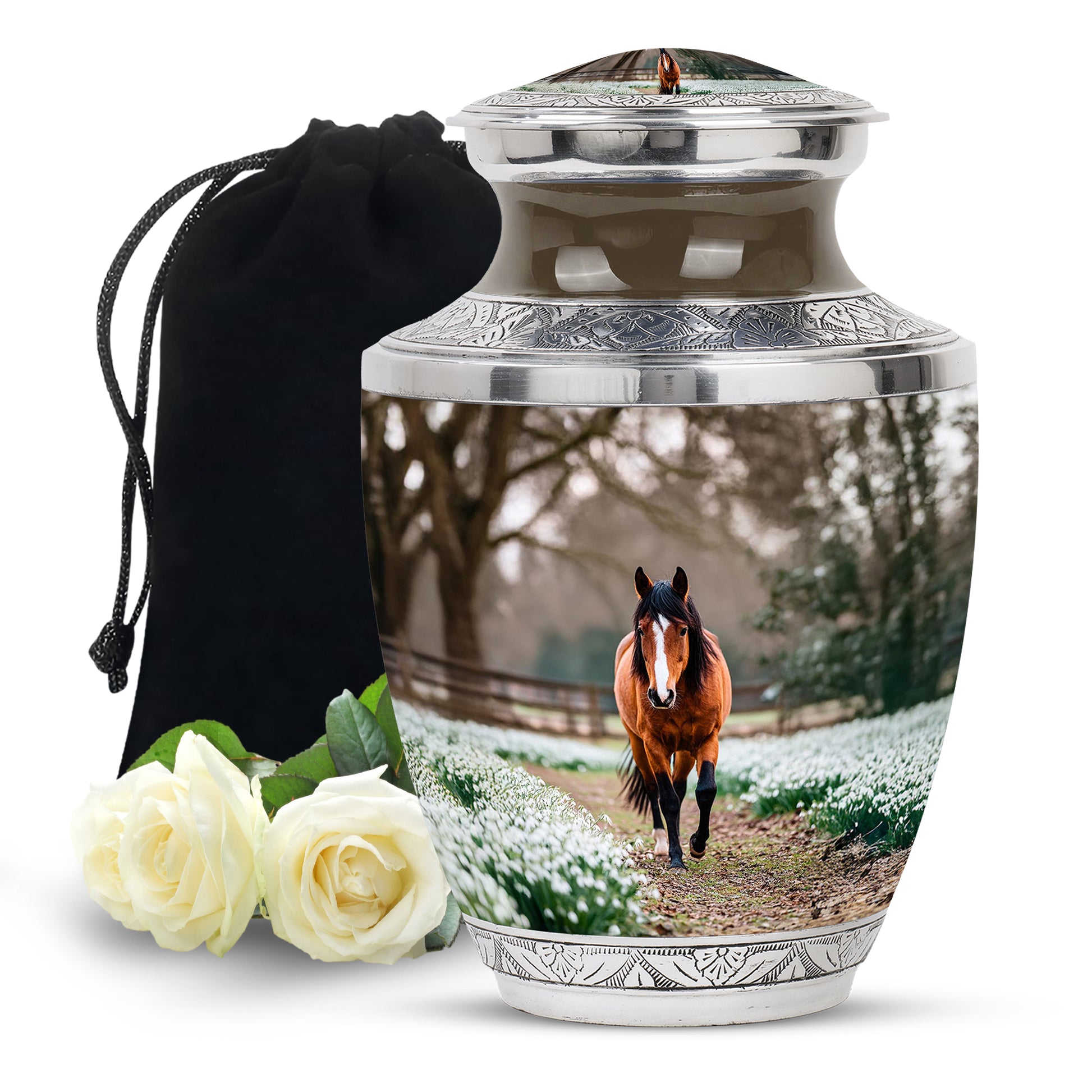 Gilded Gold Horse Cremation Urn side profile showing urn shape - contemporary horse design with modern artistic flair - full-size 10 inch 200 cubic inch adult cremation urn