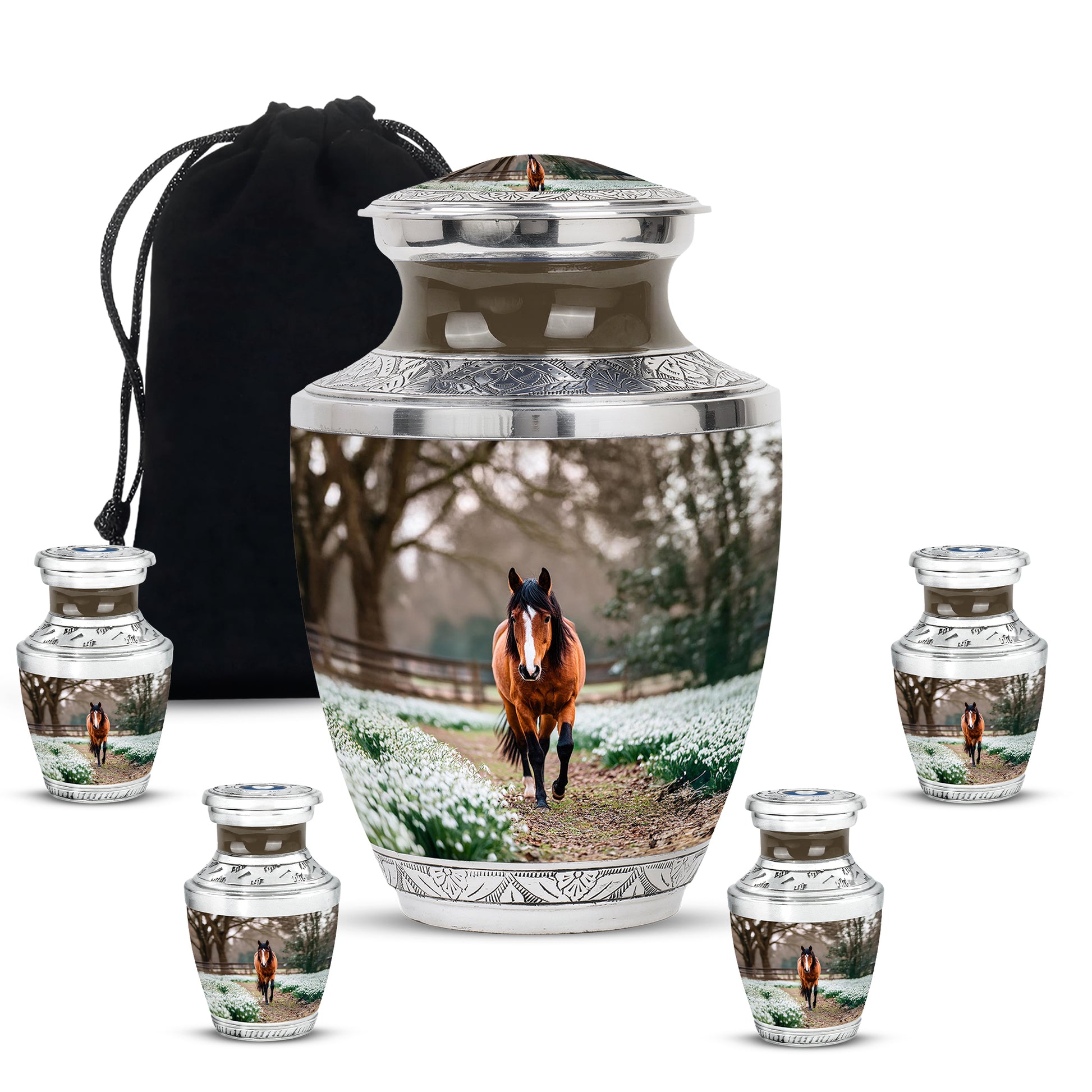 Antique Gold Horse Cremation Urn lifestyle display on memorial shelf - modern art-inspired horse motif on sleek aluminum - memorial set with one large and four small urns